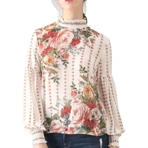 Chicwish Beige Peach Floral Chiffon Sheer Balloon Sleeve Flowy S/ M Girly Top